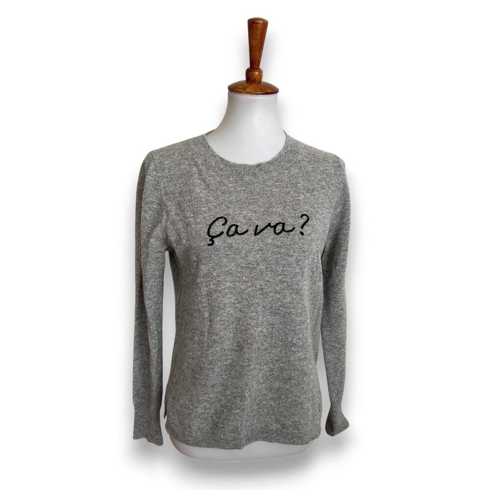 J.Crew 100% Cashmere Gray "Ça Va?" Embroidered Crewneck Sweater Size S